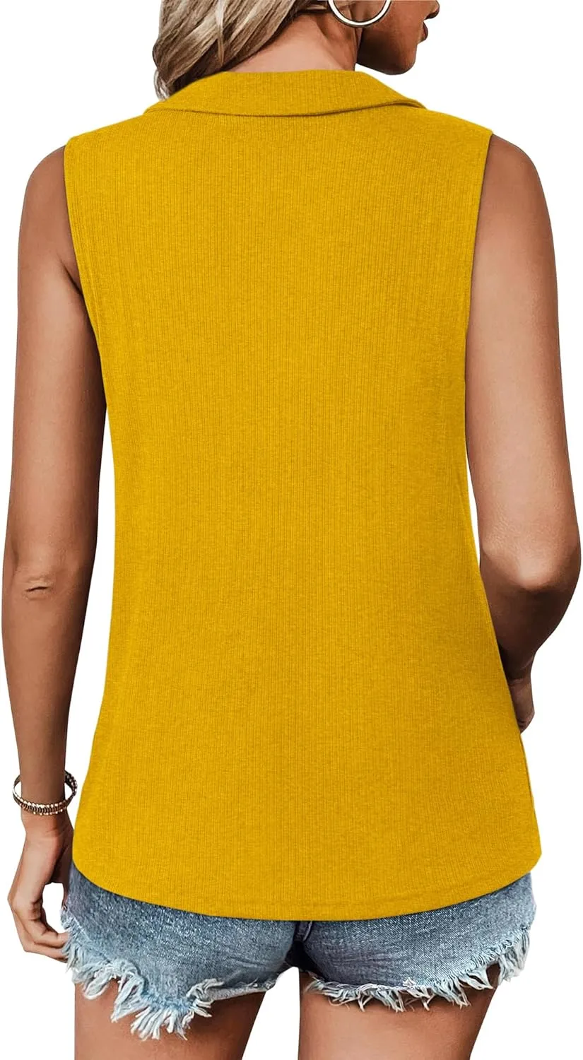 Vivilli Womens Ribbed Tank Top Zipper V Neck Dressy Casual Blouses Sleeveless Camisole Tops Work Tank Polo Shirts