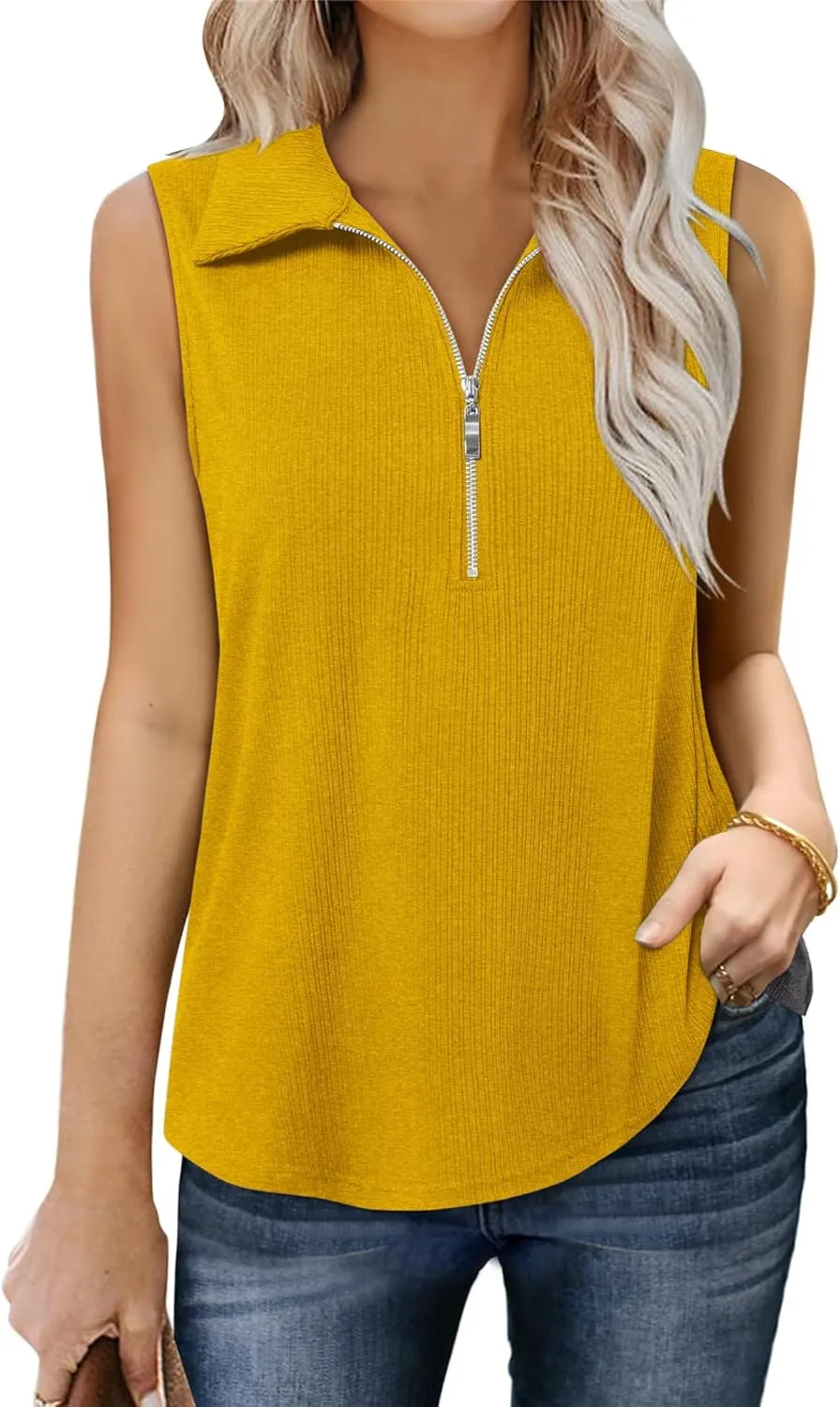 Vivilli Womens Ribbed Tank Top Zipper V Neck Dressy Casual Blouses Sleeveless Camisole Tops Work Tank Polo Shirts