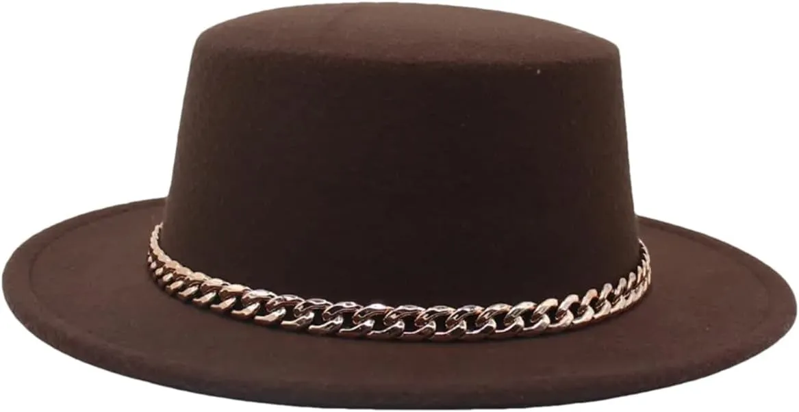 Women Classic Solid Color Chain Fedora Hats Men Jazz Flat Wide Big Brim Round Hat