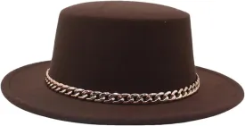 Women Classic Solid Color Chain Fedora Hats Men Jazz Flat Wide Big Brim Round Hat